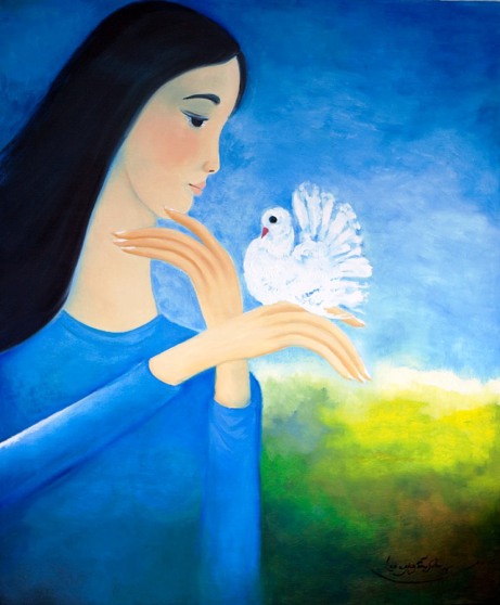 Thiếu nữ và chim bồ câu.Tranh sơn dầu trên bố 90cm x 110cm by Nguyễn Sơn